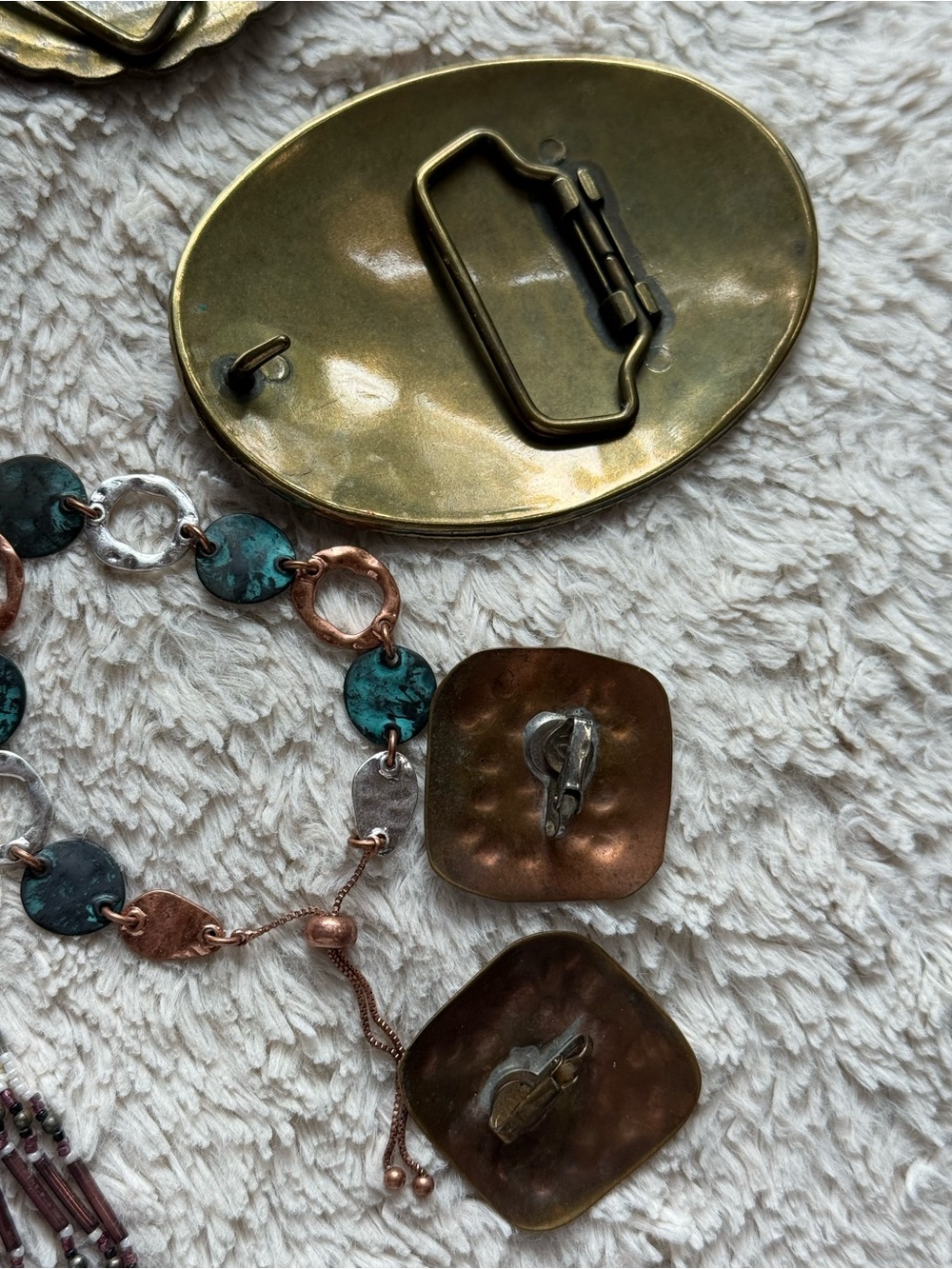 Vintage jewelry bundle, 4 bracelets, 2 pins, 3pr earrings, 2 belt buckles. - Picture 8 of 16